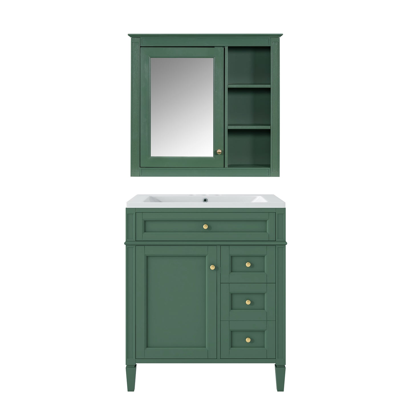 30'' Bathroom Vanity with Top Sink, Modern Bathroom Storage Cabinet with 2 Drawers and a Tip-out Drawer, Freestanding Vanity Set with Mirror Cabinet, Single Sink Bathroom Vanity