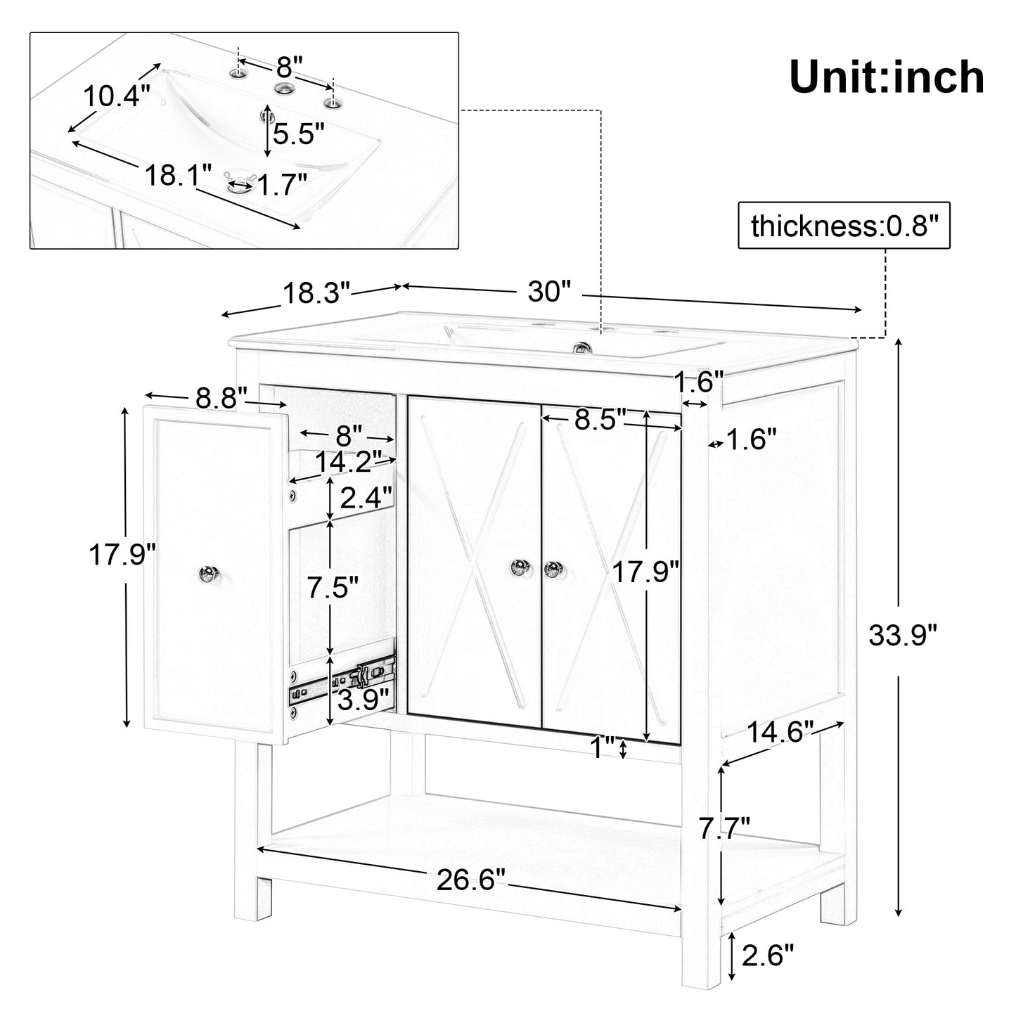 30" Bathroom Vanity with Sink Top, Bathroom Vanity Cabinet with Two Doors and One Drawer, MDF Boards, Solid Wood, One Package