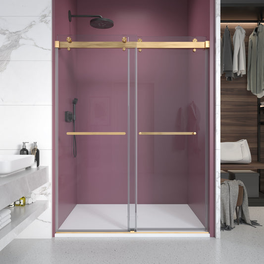 50'' - 54'' W x 76'' H Double Sliding Frameless Shower Door With 3/8 Inch (10mm) Clear Glass in Brushed Gold