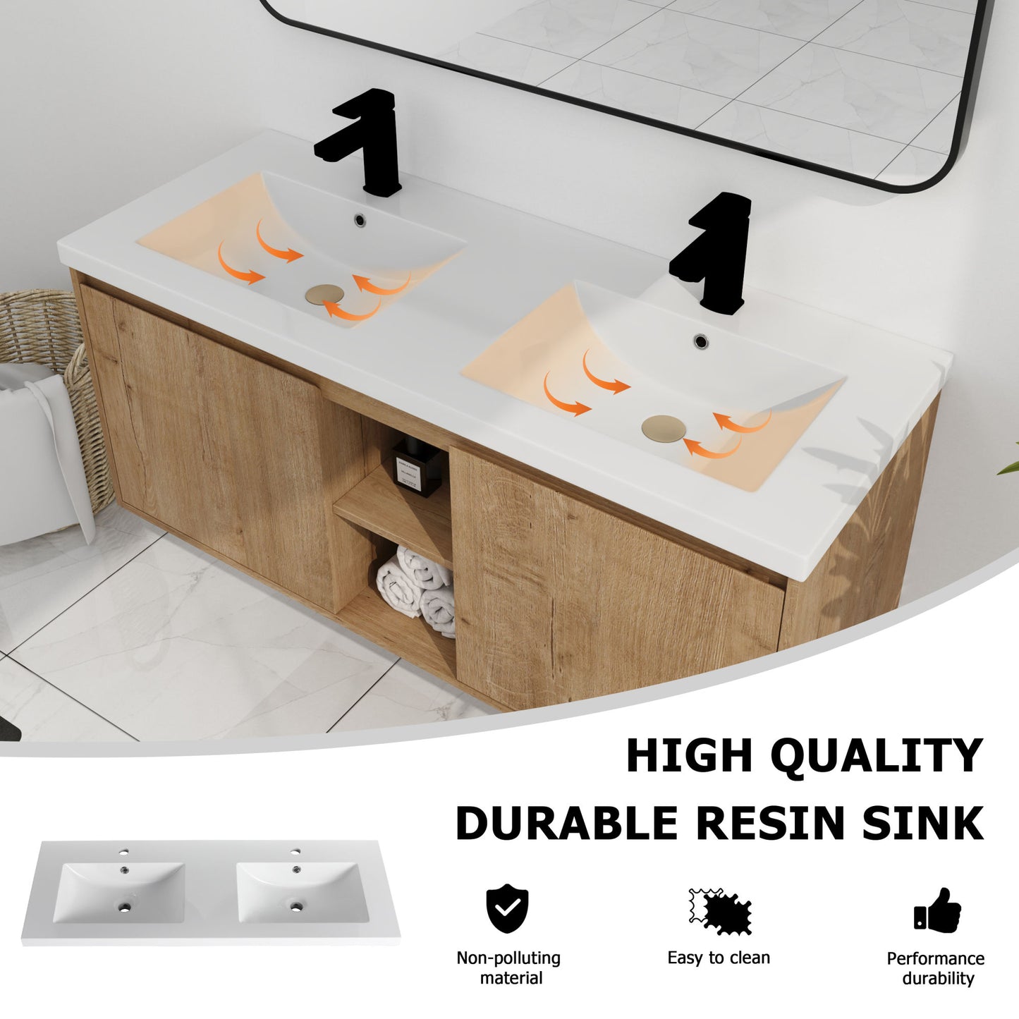 48" Wall Mounted Bathroom Vanity With Double Sink, Soft Closing Door Hinge (KD-Package)-BVB07248IMOX-GRB4840D