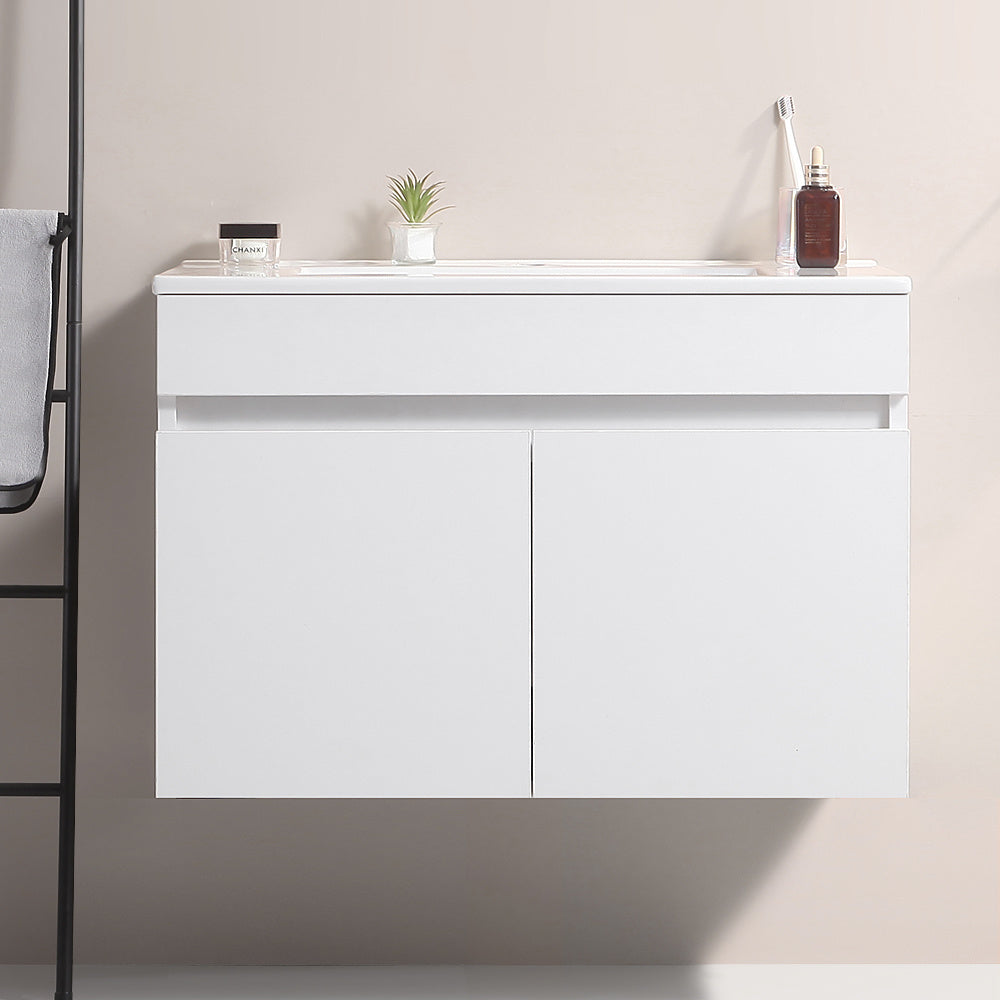 30 Inch Wall Mounted Bathroom Vanity with White Ceramic Basin,Two Soft Close Cabinet Doors, Solid Wood,Excluding faucets,White