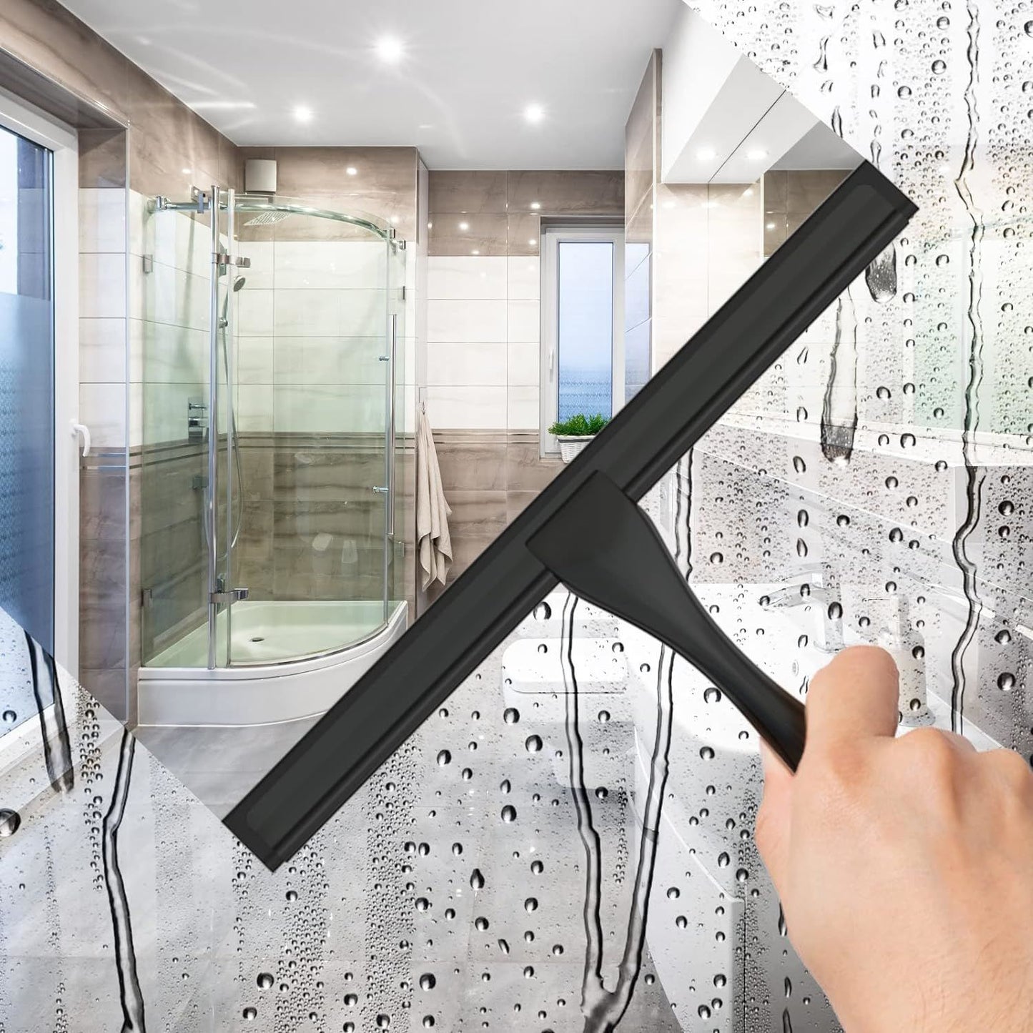 All-Purpose Stainless Steel Shower Squeegee for Shower Glass Door with 2 Adhesive Hooks