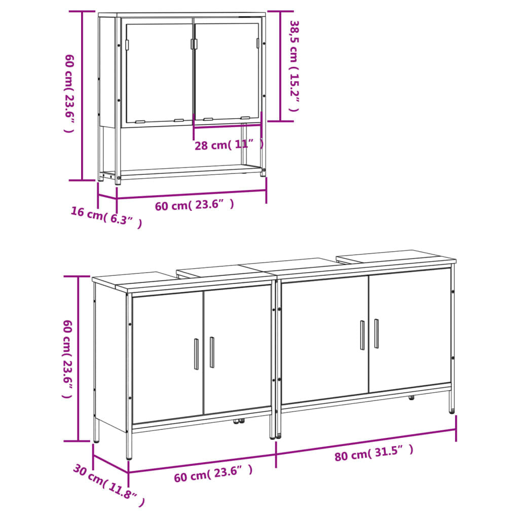 3 Piece Bathroom Furniture Set Black Engineered Wood