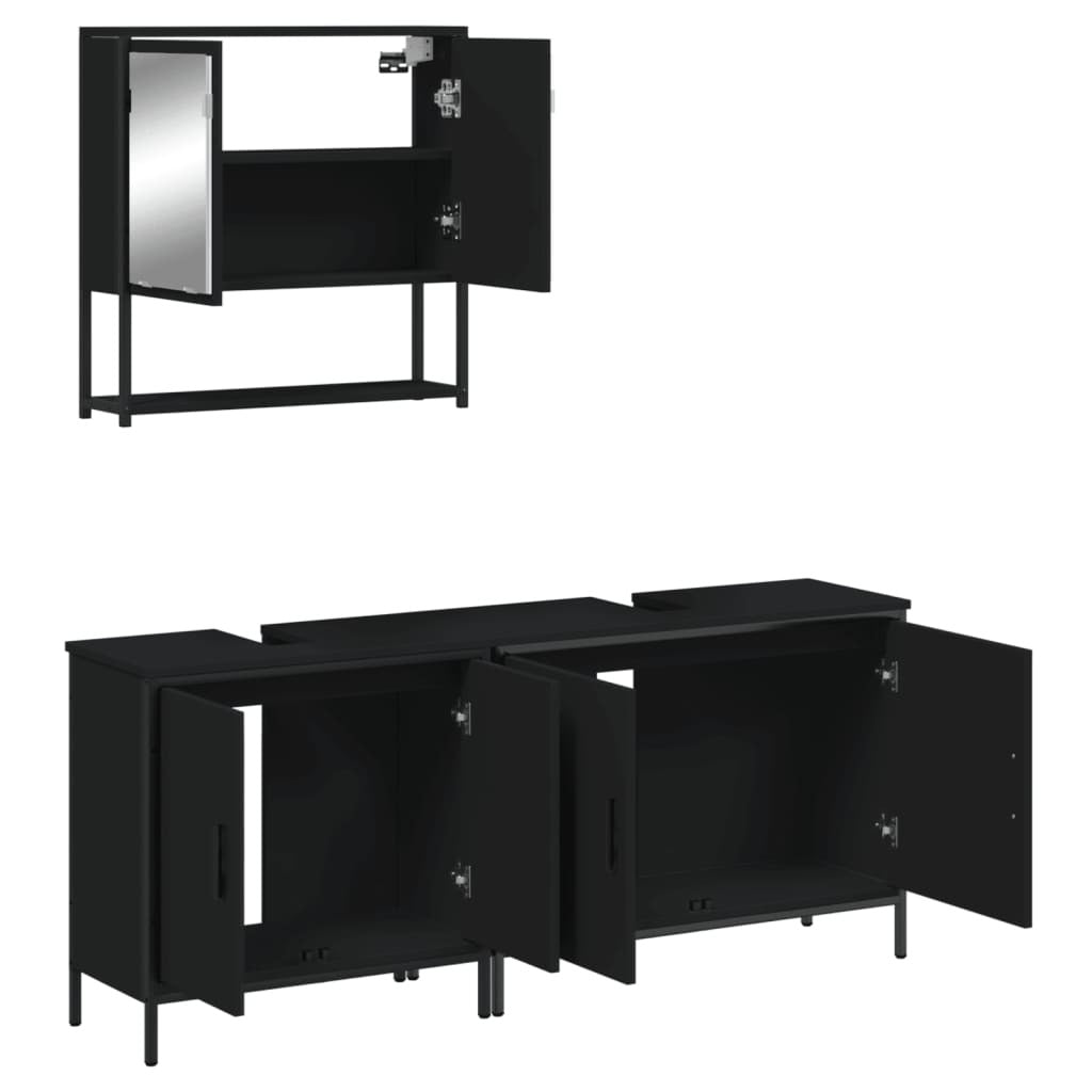 3 Piece Bathroom Furniture Set Black Engineered Wood