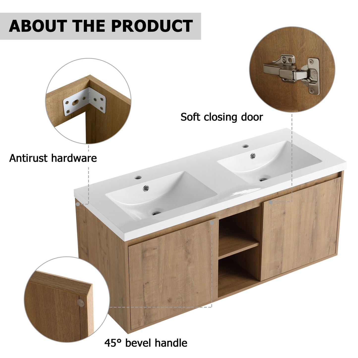 48" Wall Mounted Bathroom Vanity With Double Sink, Soft Closing Door Hinge (KD-Package)-BVB07248IMOX-GRB4840D