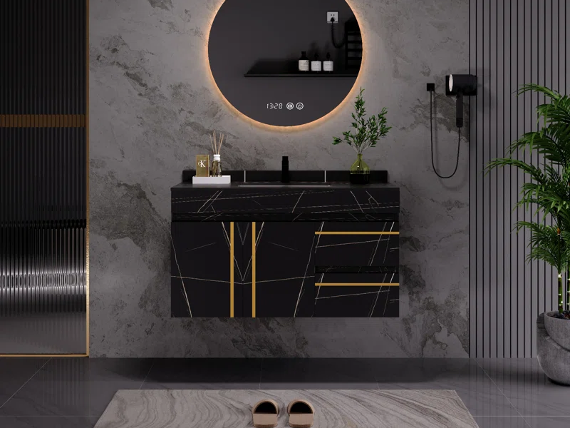 35.4'' Wall Mounted Single Bathroom Vanity with Faux Marble Vanity Top