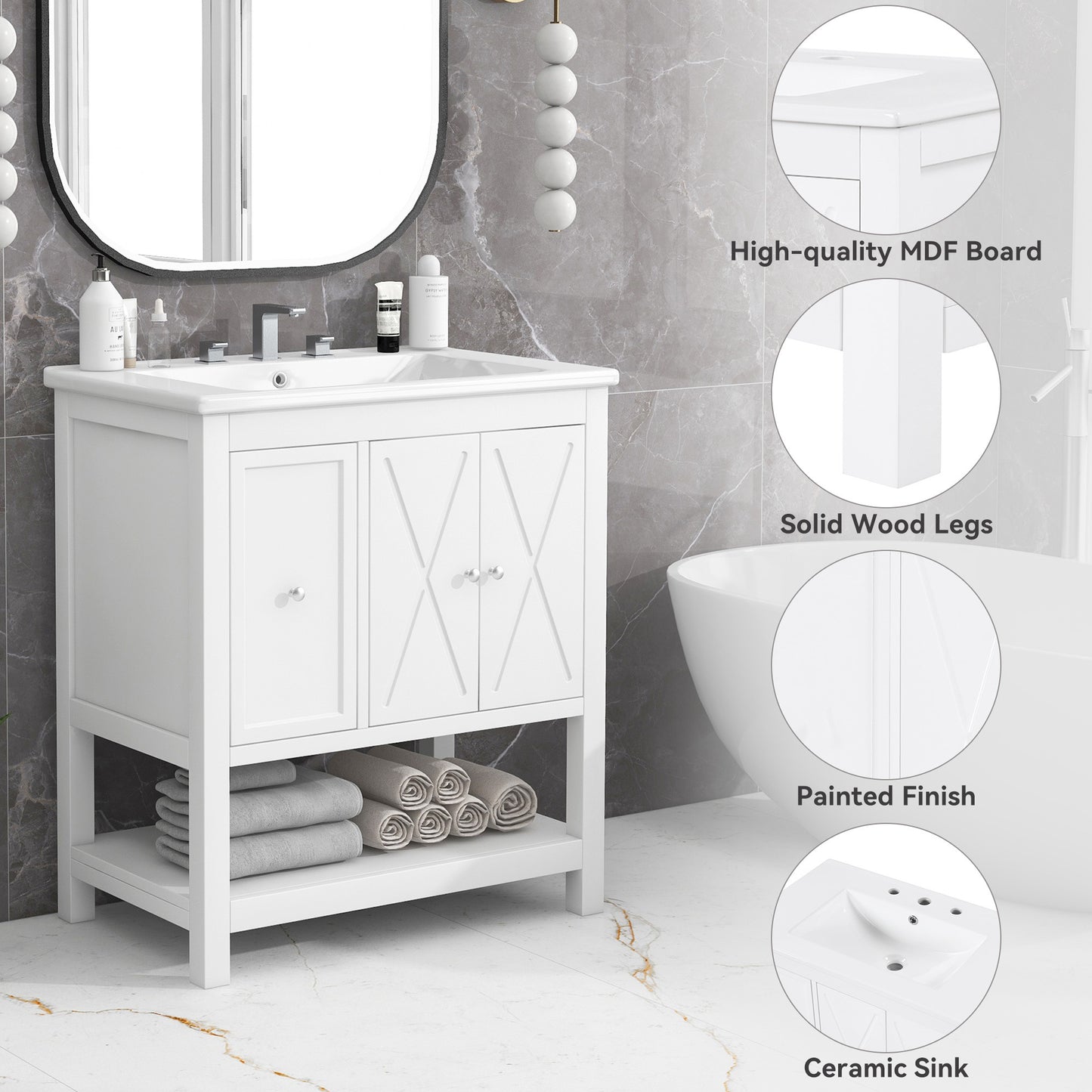 30" Bathroom Vanity with Sink Top, Bathroom Vanity Cabinet with Two Doors and One Drawer, MDF Boards, Solid Wood, One Package