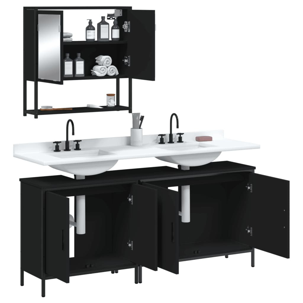 3 Piece Bathroom Furniture Set Black Engineered Wood