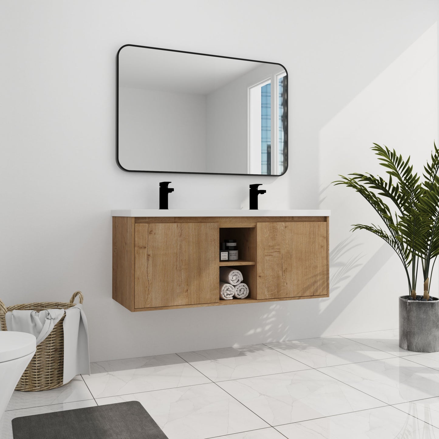 48" Wall Mounted Bathroom Vanity With Double Sink, Soft Closing Door Hinge (KD-Package)-BVB07248IMOX-GRB4840D