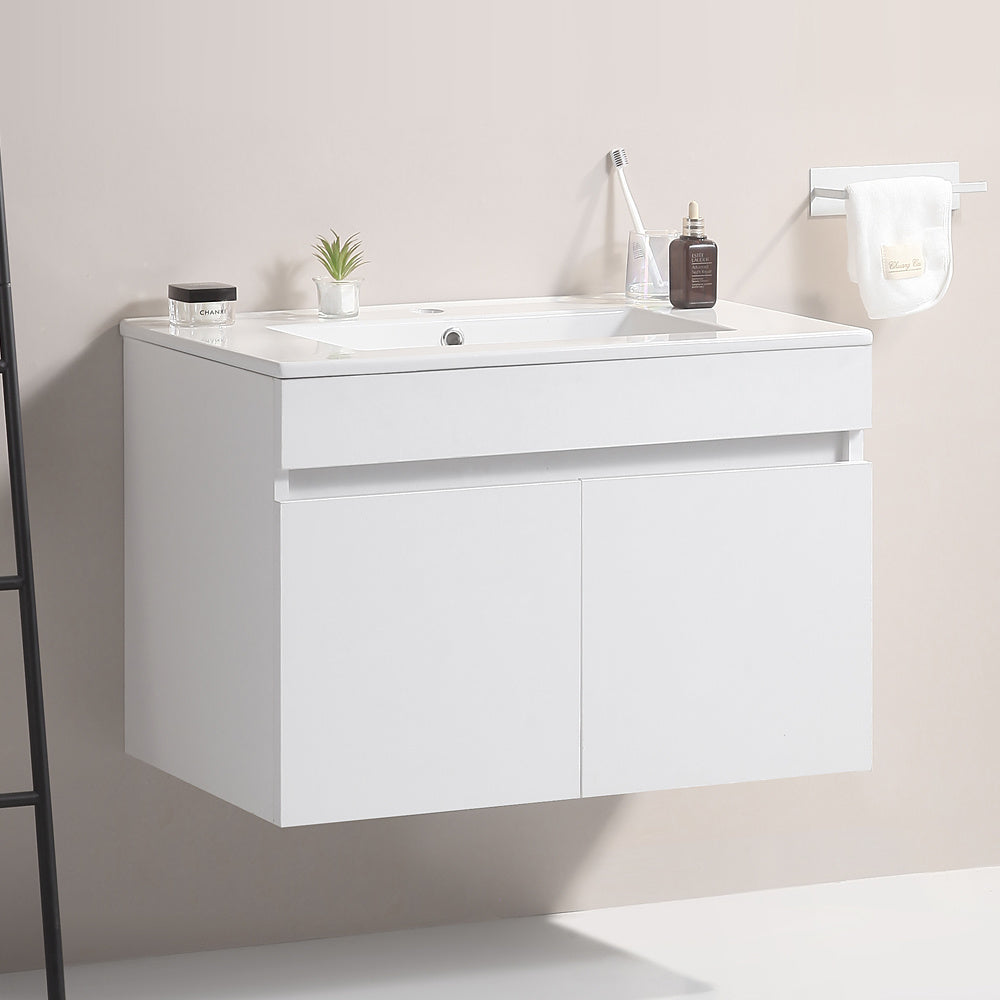 30 Inch Wall Mounted Bathroom Vanity with White Ceramic Basin,Two Soft Close Cabinet Doors, Solid Wood,Excluding faucets,White