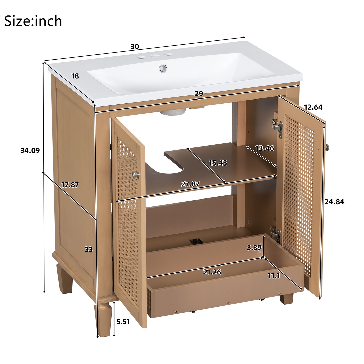 30 Inch Bathroom Vanity with Resin Sink, Freestangding Bathroom Vanity Set with Hidden Drawer, Storage Cabient for Bathroom, Solid Wood Frame Bathroon Cabinet