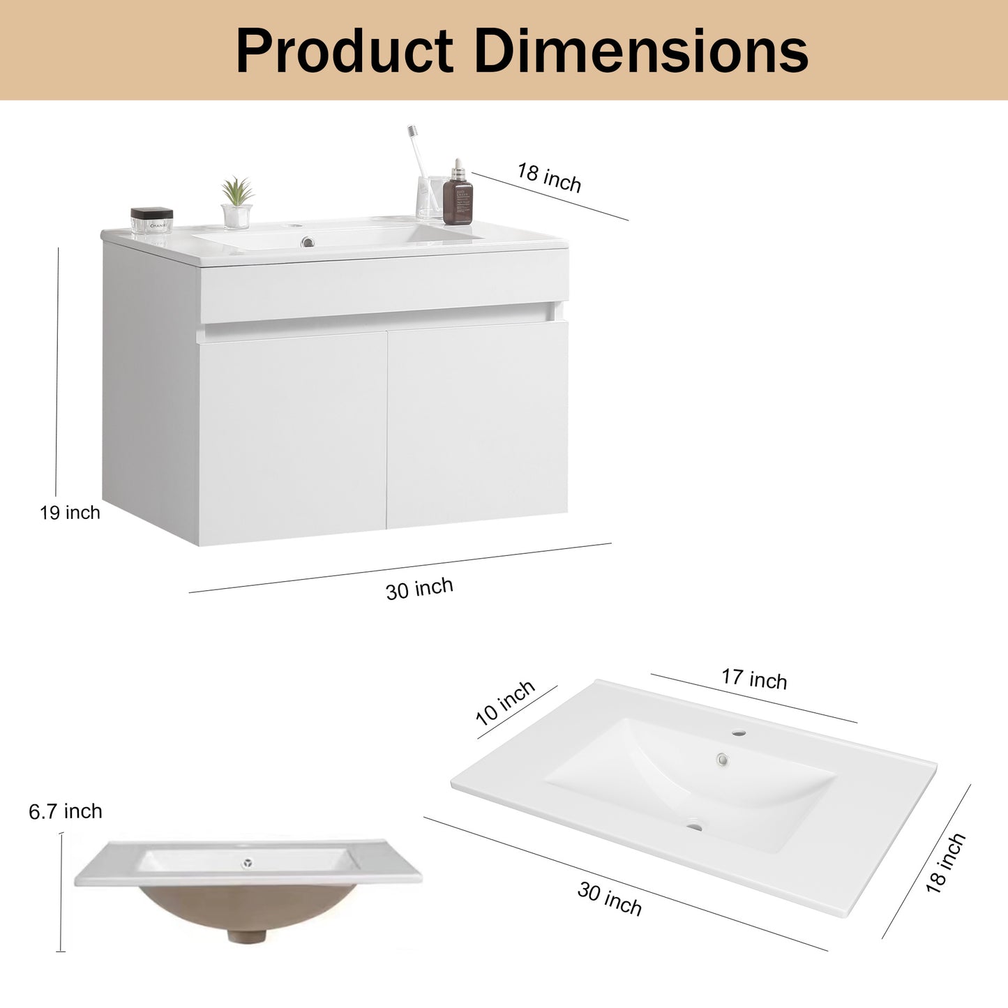 30 Inch Wall Mounted Bathroom Vanity with White Ceramic Basin,Two Soft Close Cabinet Doors, Solid Wood,Excluding faucets,White