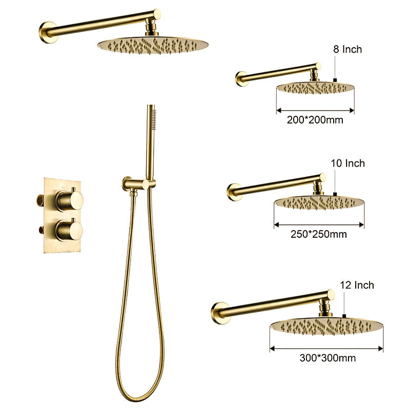 Thermostatic Control Mixing Bathroom Faucet BrushedShower Set 2 Dial 2 Way Diverter Valve Smesiteli Rainshwoer