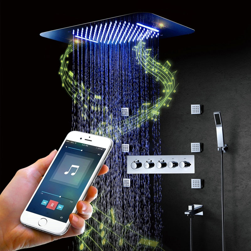 Bluetooth Music LED Shower Systems Tap Rain Shower Set Waterfall Bathroom Faucet Thermostatic Concealed Mixer Shower Head Chrome