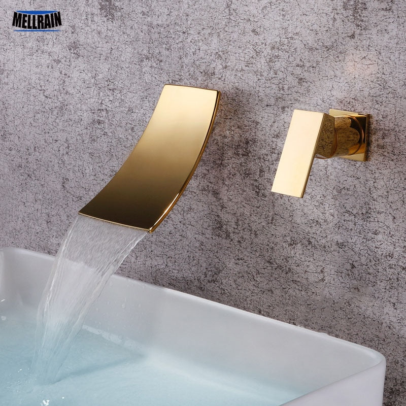 Gold &amp; Black Separated Bathroom Sink Faucet Wall Mounted Waterfall Style Hot &amp; Cold Basin Water Mixer Chrome Tap