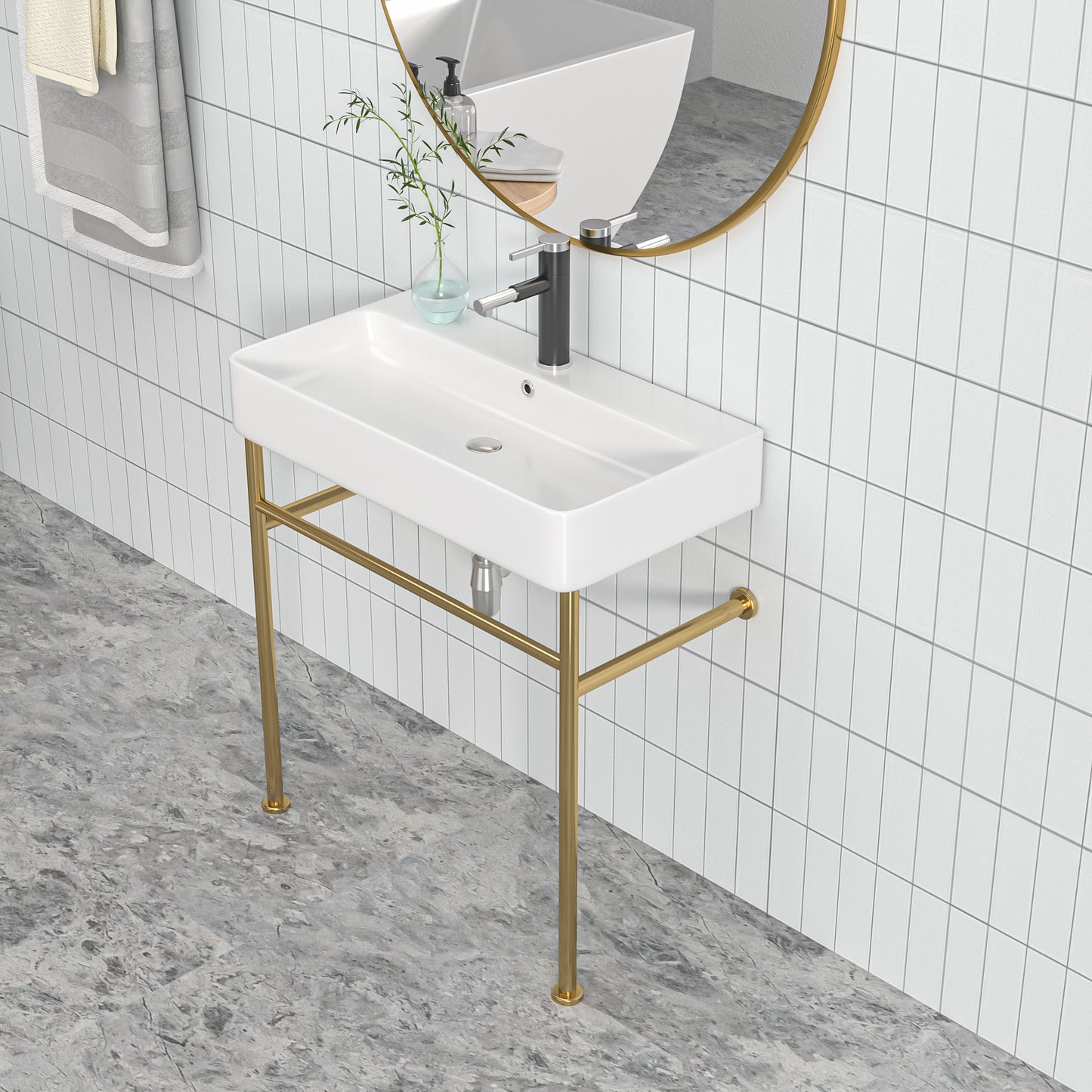 24\\\" Rectangular Bathroom Console Sink with Overflow,Wall Mounted Ceramic Console Sink White Basin with Steel Legs