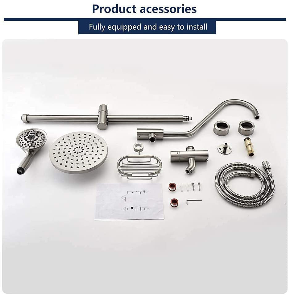 8 inch Wall Mount Dual Shower Heads with Soap Dish in Brushed Nickel, 5-Function Hand Shower