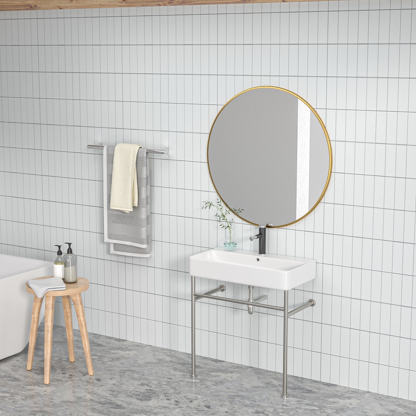 24\\\" Rectangular Bathroom Console Sink with Overflow,Wall Mounted Ceramic Console Sink White Basin with Steel Legs