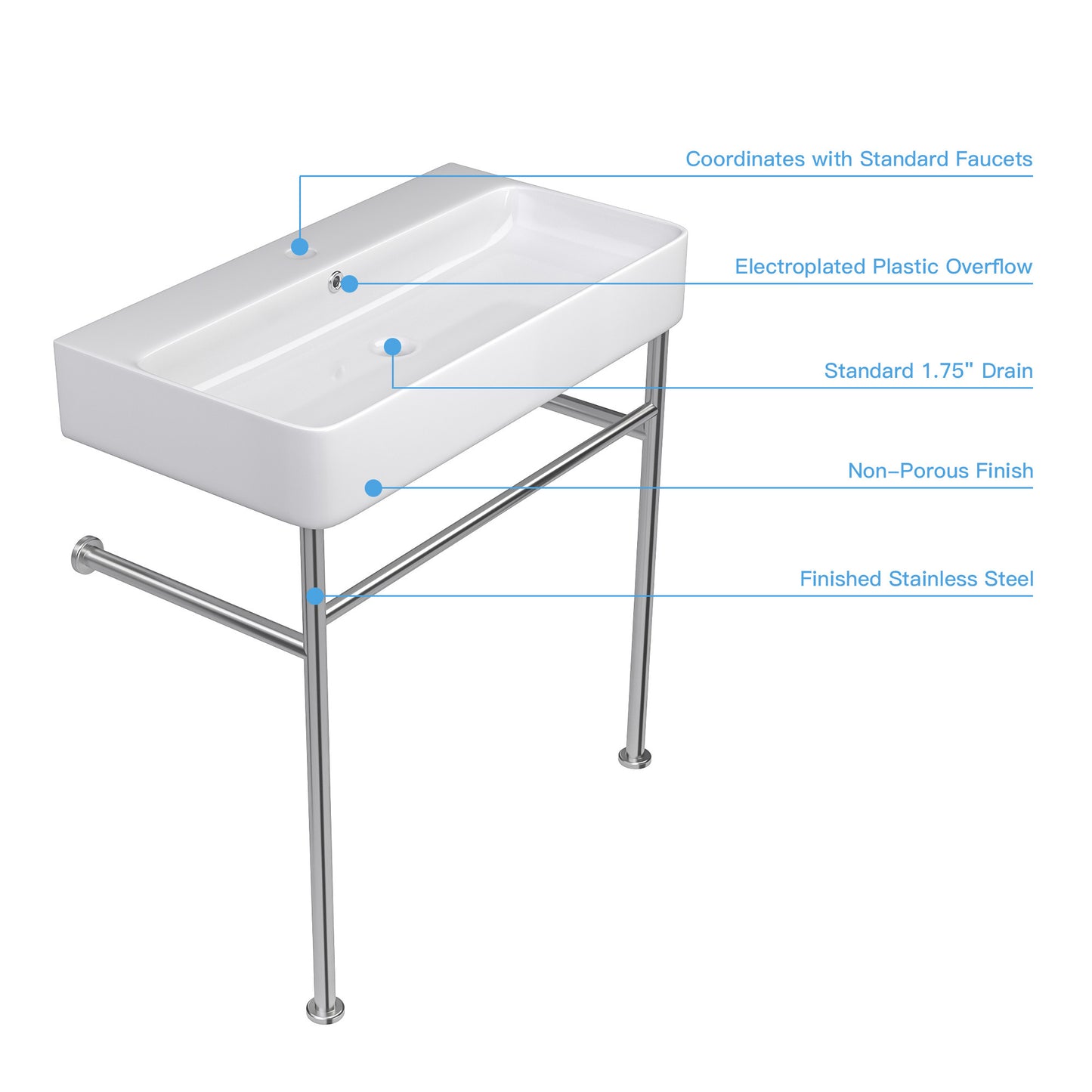 24\\\" Rectangular Bathroom Console Sink with Overflow,Wall Mounted Ceramic Console Sink White Basin with Steel Legs