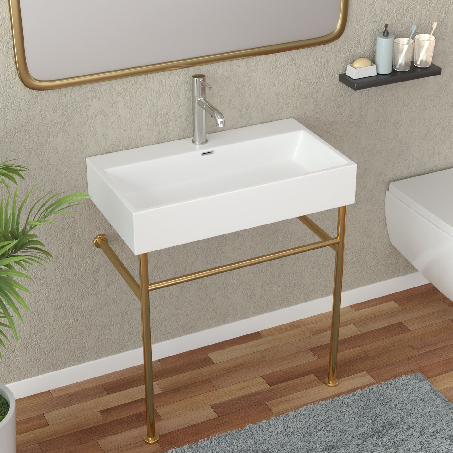 24\\\" Rectangular Bathroom Console Sink with Overflow,Wall Mounted Ceramic Console Sink White Basin with Steel Legs