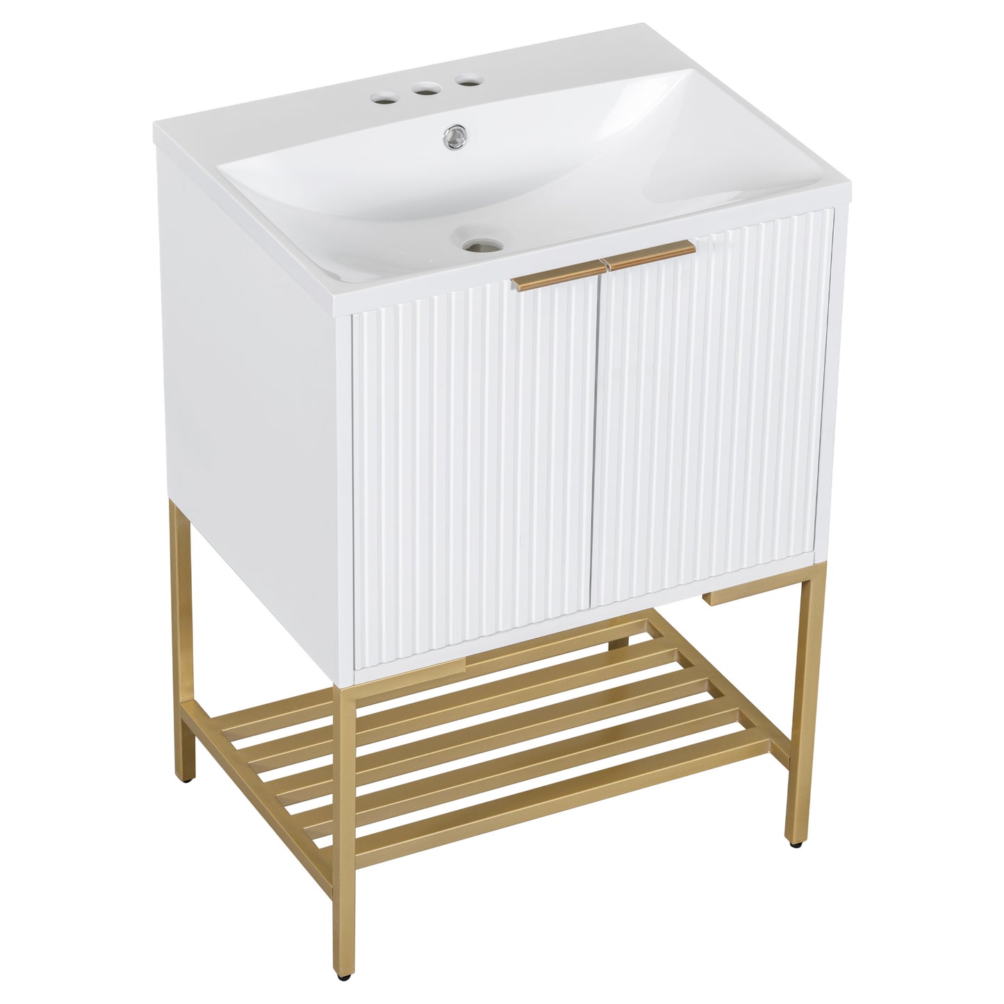 24" Bathroom Vanity with Sink, Bathroom Vanity Cabinet with Two Doors and Gold Metal Frame, Open Storage Shelf