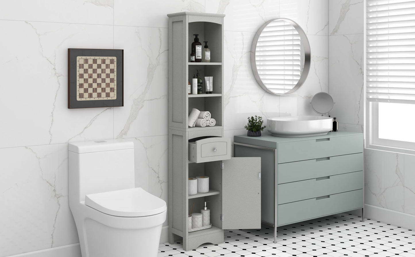 Tall Bathroom Cabinet;  Freestanding Storage Cabinet with Drawer;  MDF Board;  Adjustable Shelf