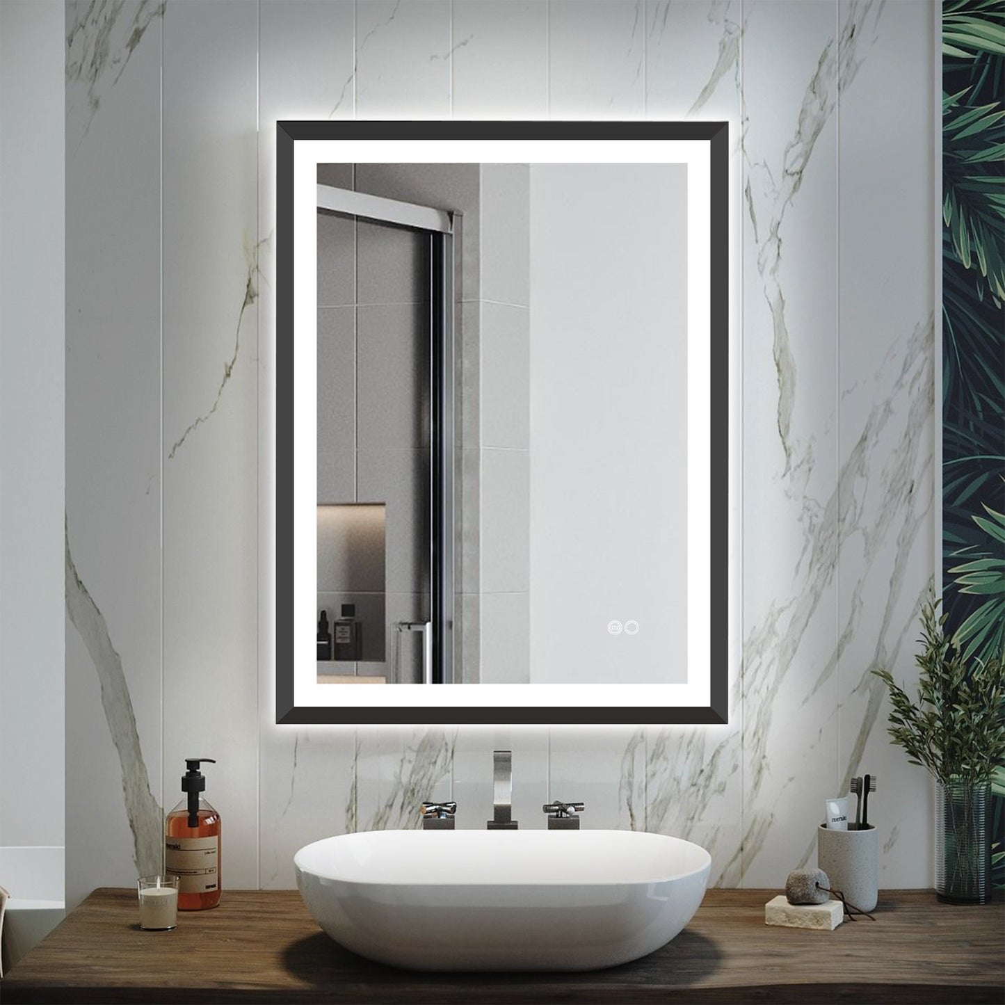 4 Size LED Bathroom Mirror;  Backlit and Front Lighted Mirror for Bathroom;  Wall Mounted Bathroom Vanity Framed Mirror Includes Dimmer;  ; Defogger;  Vertical / Horizontal