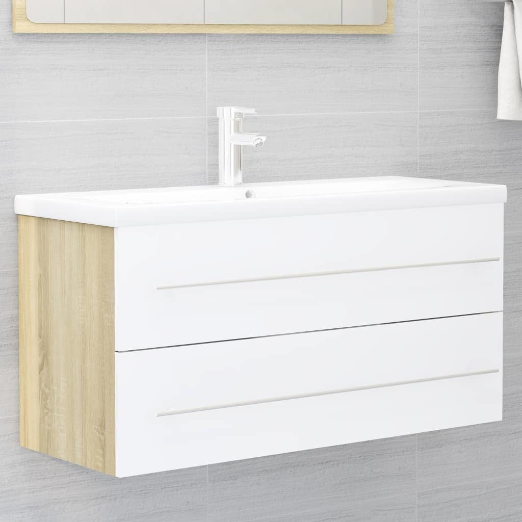 2 Piece Bathroom Furniture Set White and Sonoma Oak Engineered Wood