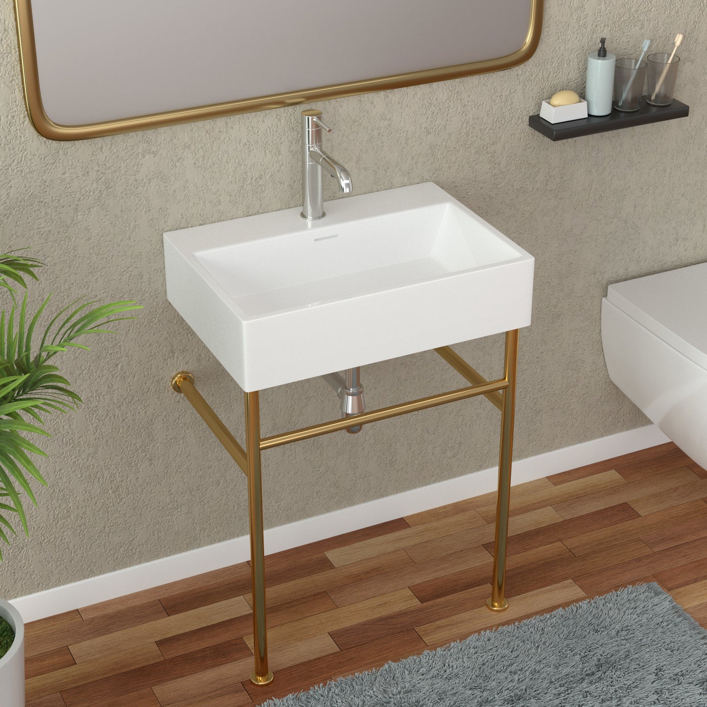 24\\\" Rectangular Bathroom Console Sink with Overflow,Wall Mounted Ceramic Console Sink White Basin with Steel Legs