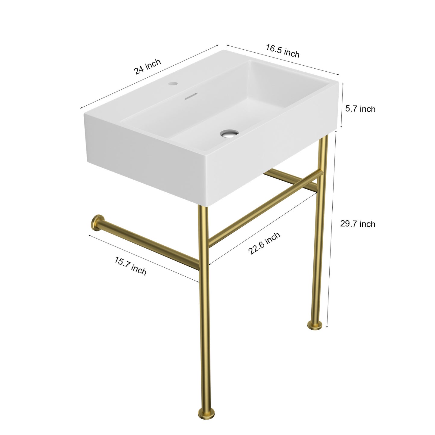 24\\\" Rectangular Bathroom Console Sink with Overflow,Wall Mounted Ceramic Console Sink White Basin with Steel Legs