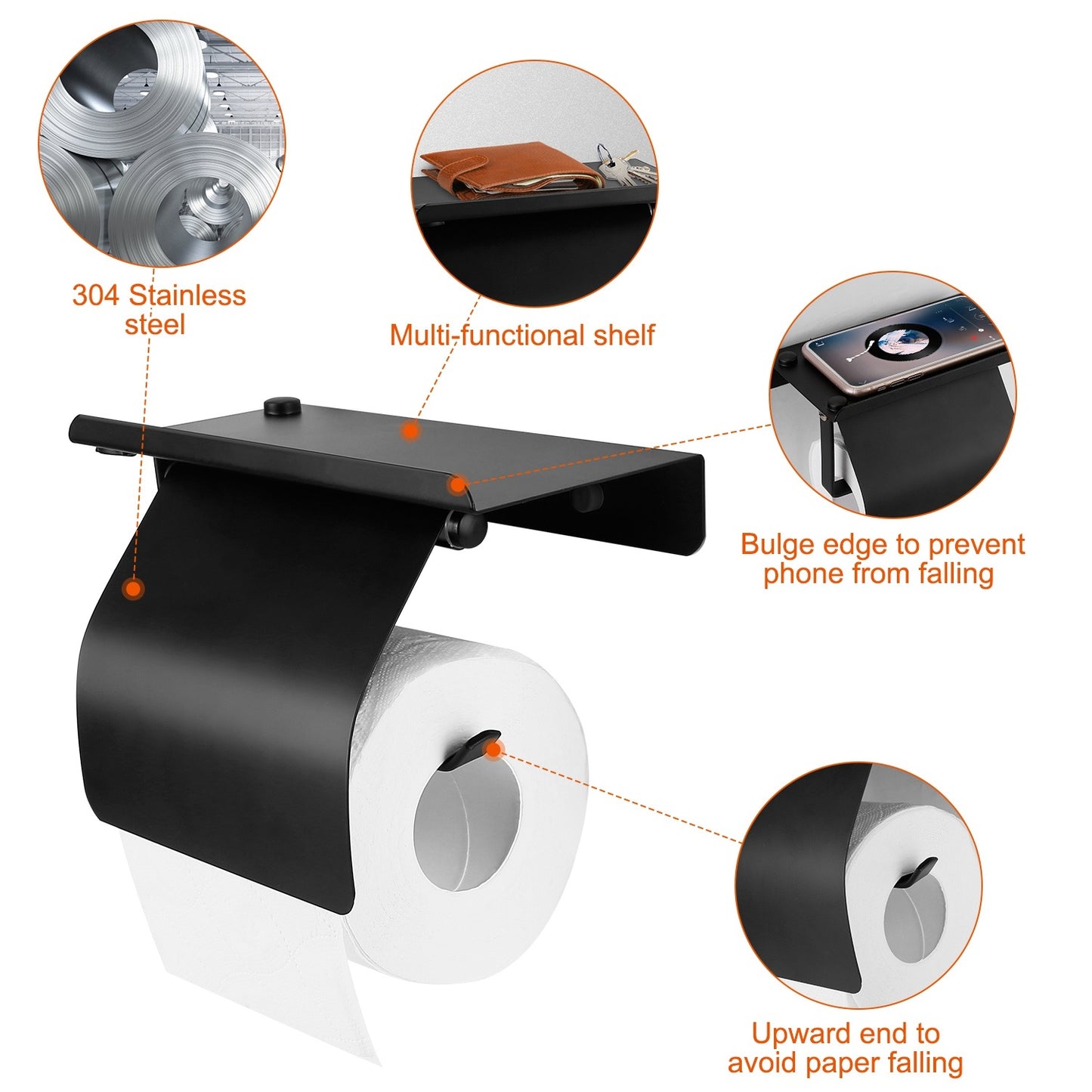 Wall Mounted Toilet Paper Holder with Phone Storage Rack Stainless Steel Toilet Roll