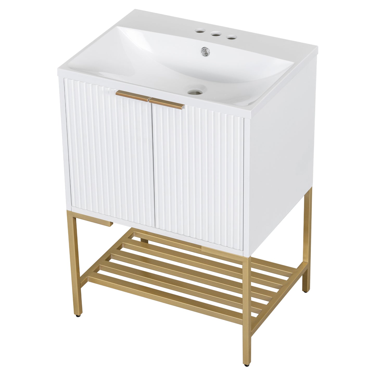 24" Bathroom Vanity with Sink, Bathroom Vanity Cabinet with Two Doors and Gold Metal Frame, Open Storage Shelf