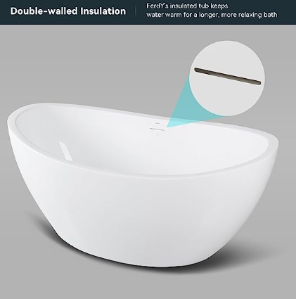 Freestanding Bathtub, Curve Edge Soaking Bathtub with Brushed Nickel Drain and Minimalist Linear Design Overflow, Easy to Install