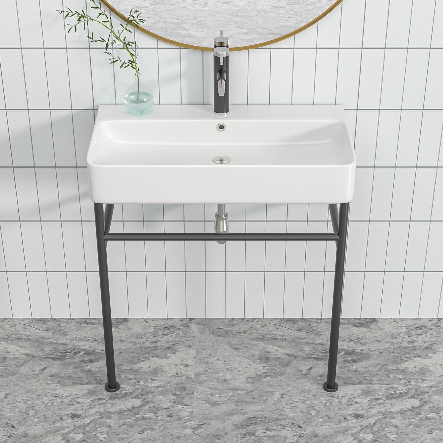 24\\\" Rectangular Bathroom Console Sink with Overflow,Wall Mounted Ceramic Console Sink White Basin with Steel Legs