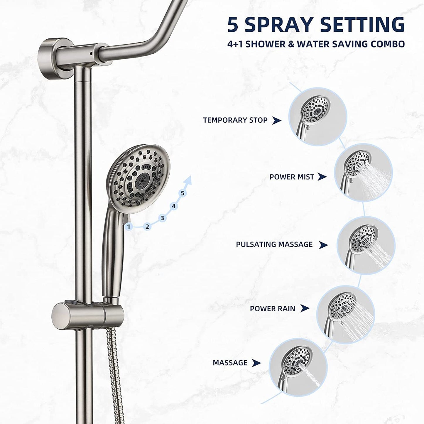 Shower System with Rain Showerhead, 5-Function Hand Shower, Adjustable Slide Bar and Soap Dish, Brushed Nickel Finish