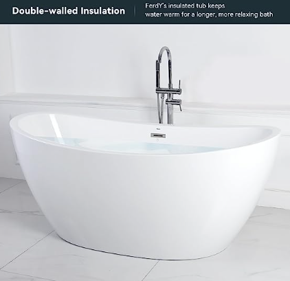 Freestanding Bathtub, Curve Edge Soaking Bathtub with Brushed Nickel Drain and Minimalist Linear Design Overflow, Easy to Install