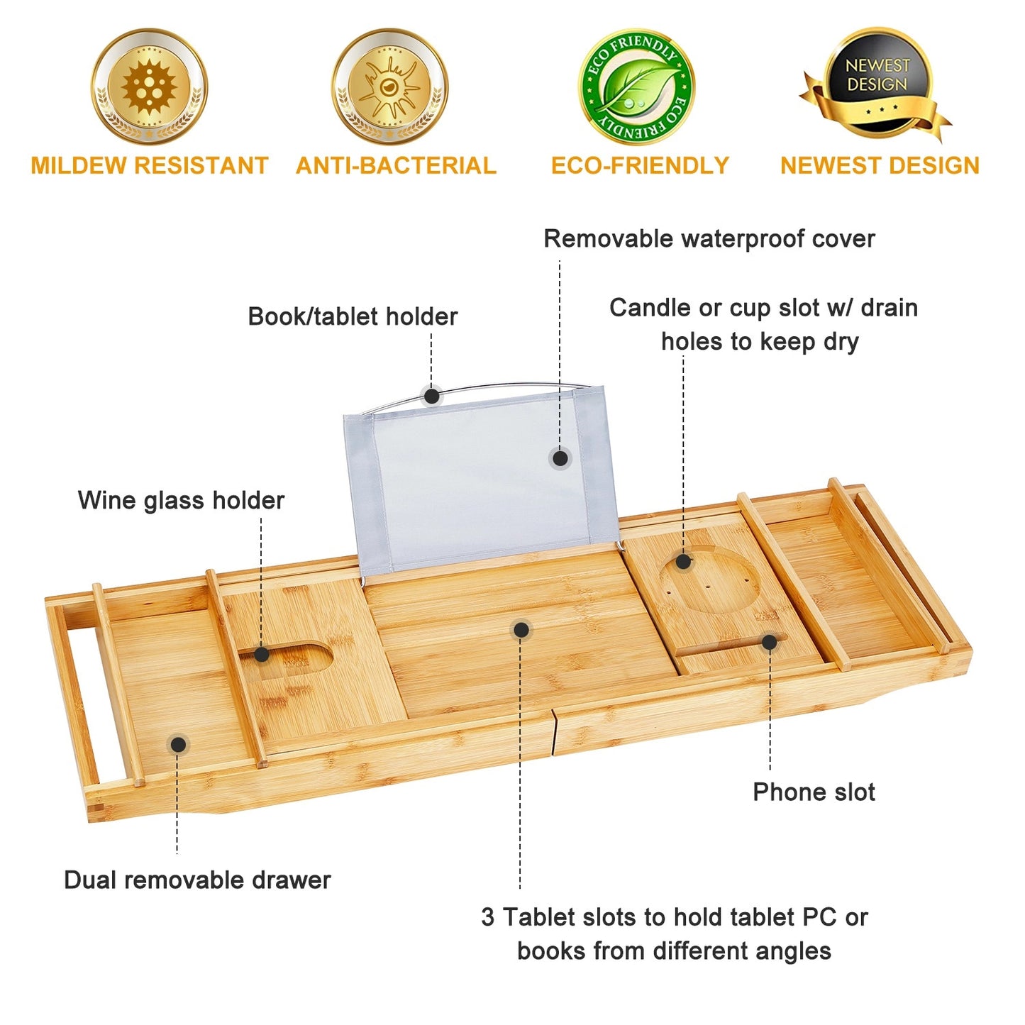 Bathtub Caddy Tray Crafted Bamboo Bath Tray Table Extendable Reading Rack Tablet Phone Holder