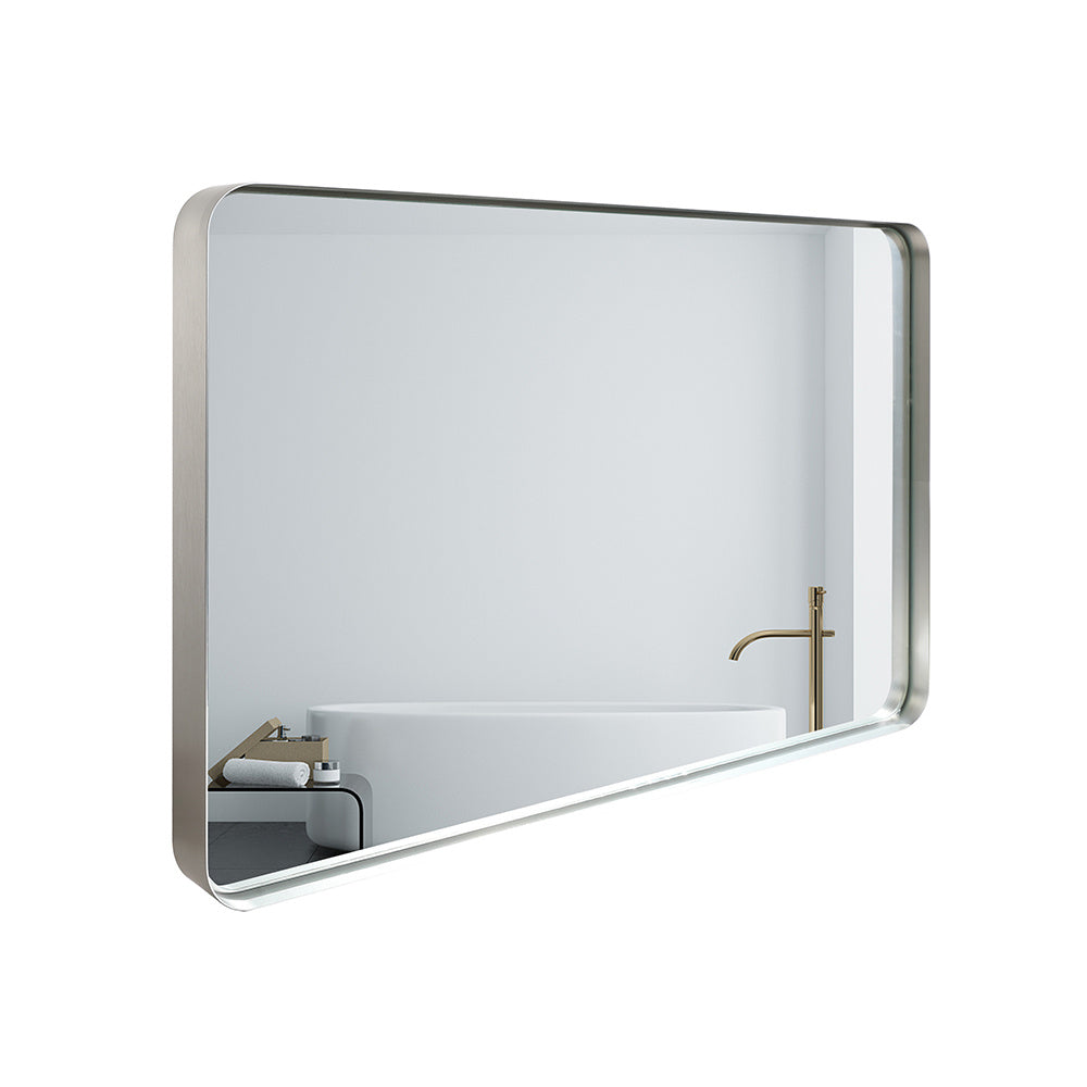 30x20inch Glossy Brushed Silver Rounded Corner Rectangle Bathroom Mirror For Wall Metal Frame Deep Set Design Hangs Wall Mounted Bathroom Mirror(Horizontal & Vertical)