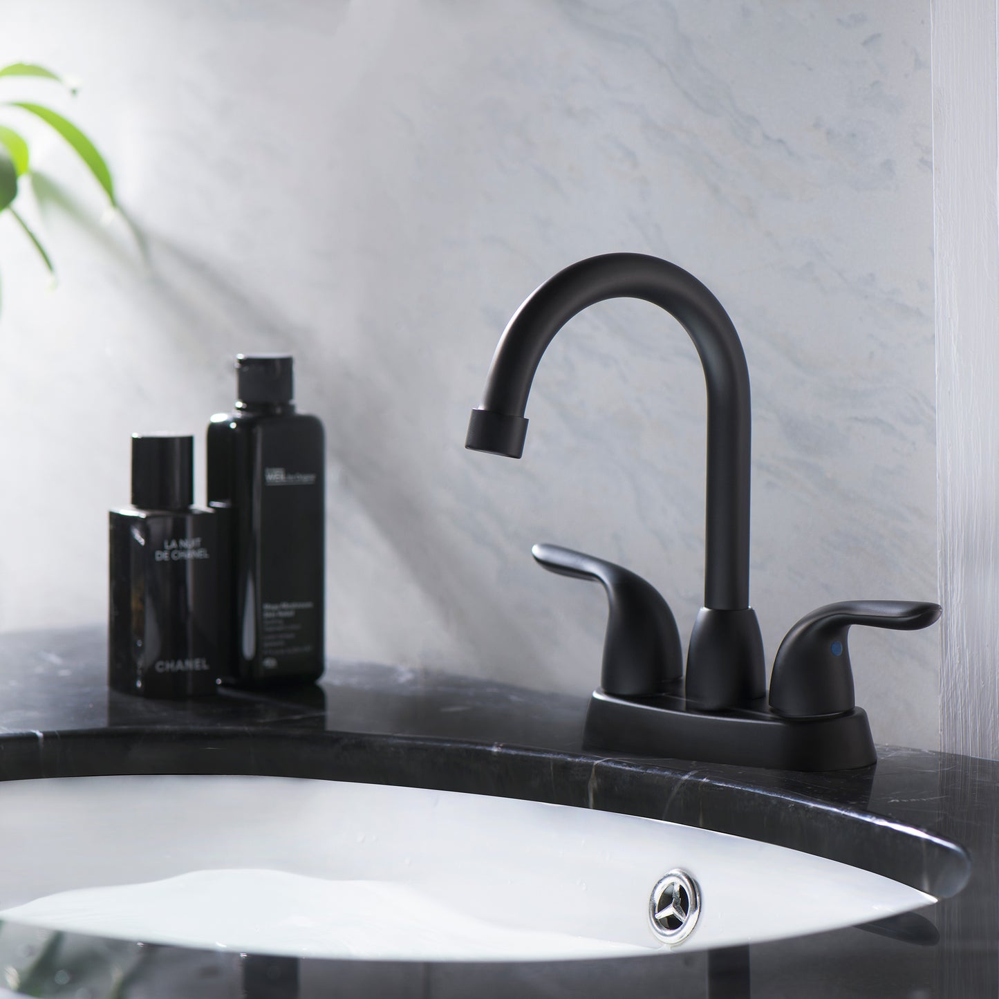 4 Inch 2 Handle Centerset Bathroom Faucet,with Pop up Drain and 2 Water Supply Lines,Matte Black