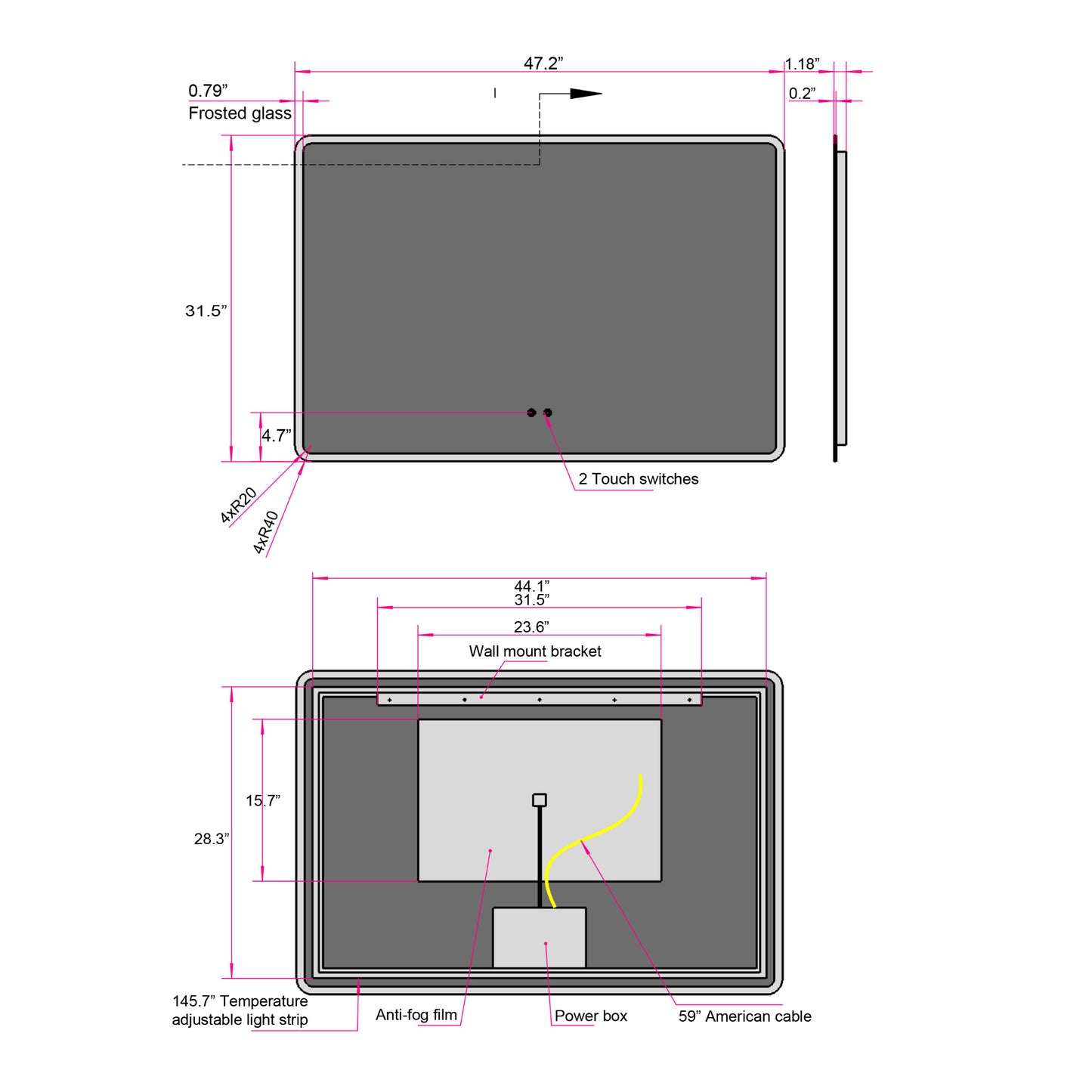 48" W x 32" H Modern Wall Mounted LED Backlit Anti-Fog Rounded Rectangular Bathroom Mirror with Temperature Adjustable and Memory Function Touch Switch