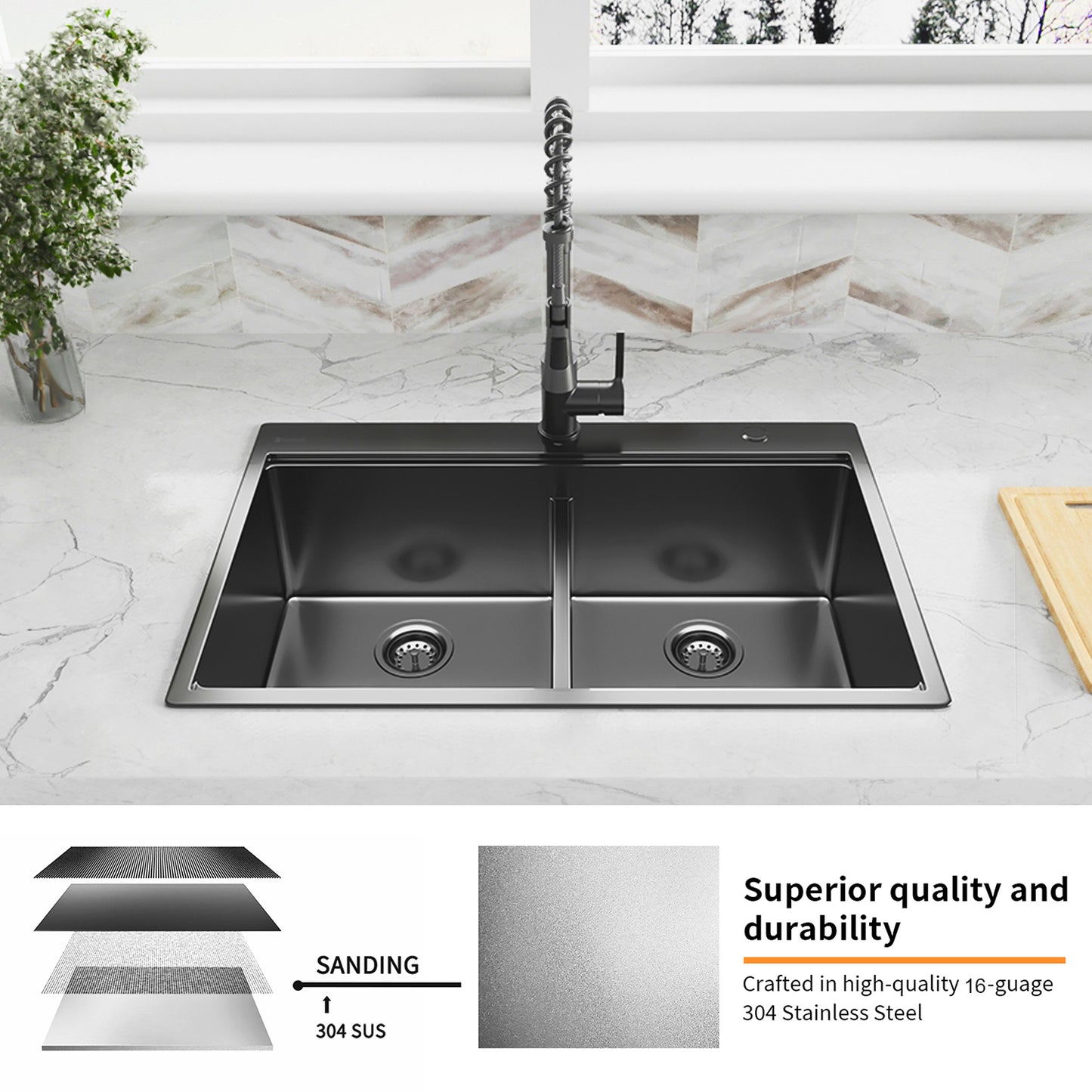 Aqucubic Gunmetal Black CUPC Handmade 304 Stainless Steel Topmount Kitchen Sink with Accessories and faucet