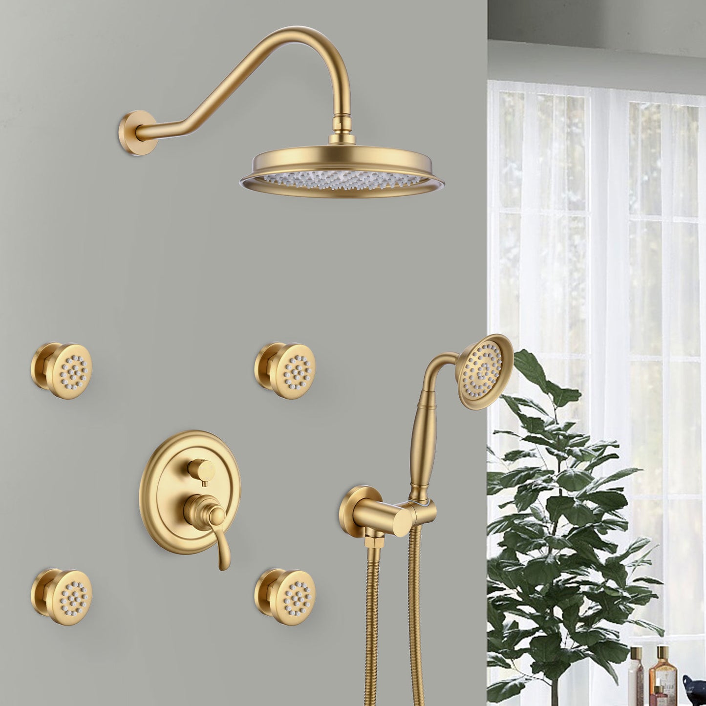 Single-Handle 4-Spray Patterns Bathroom Rain Shower Faucet with Body Jet Handshower in Brushed Gold (Valve Included)