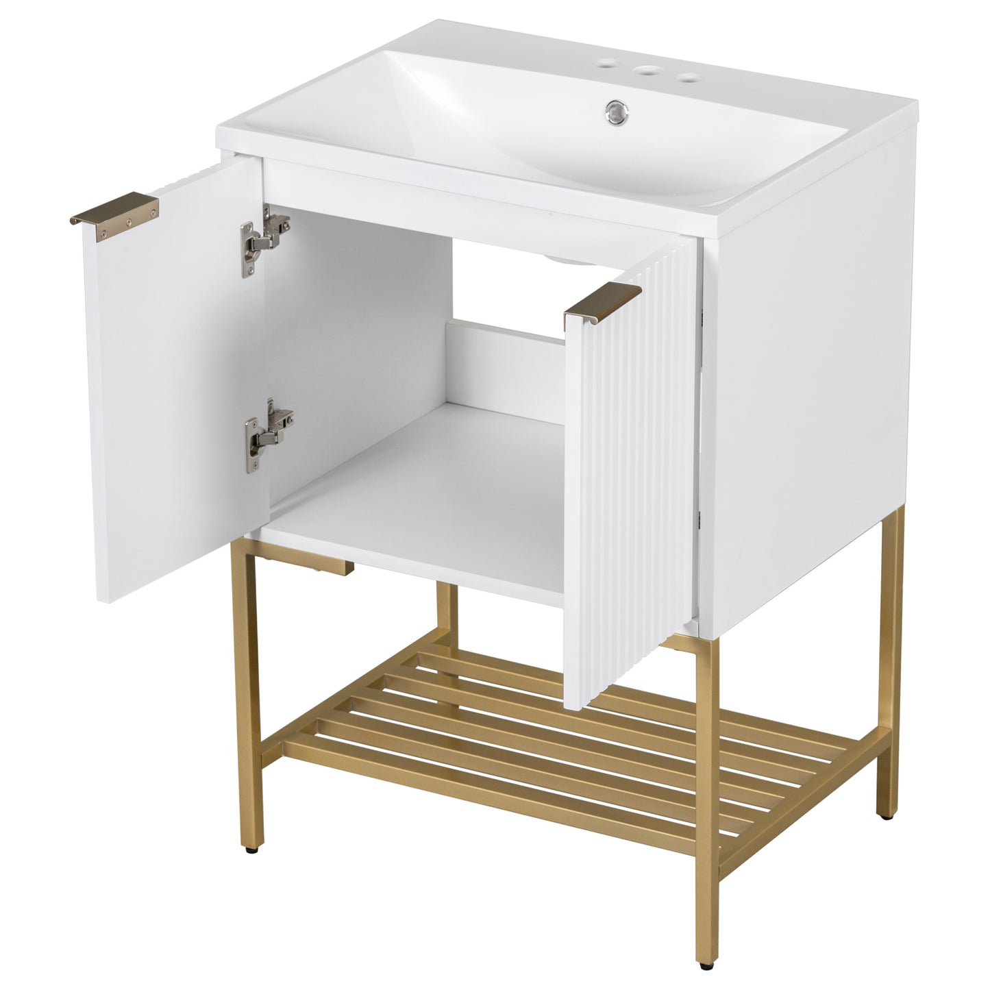 24" Bathroom Vanity with Sink, Bathroom Vanity Cabinet with Two Doors and Gold Metal Frame, Open Storage Shelf