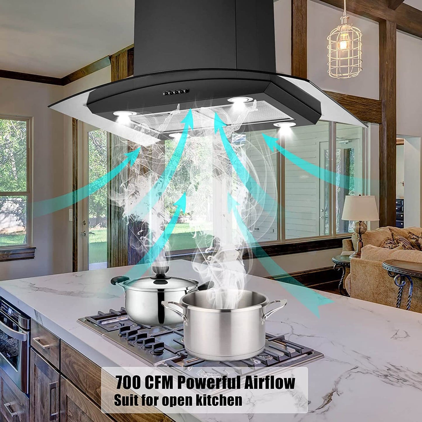 30 inch Stainless Steel Kitchen Island Range Hood 900CFM Tempered Glass 3 Speed Black LEDs