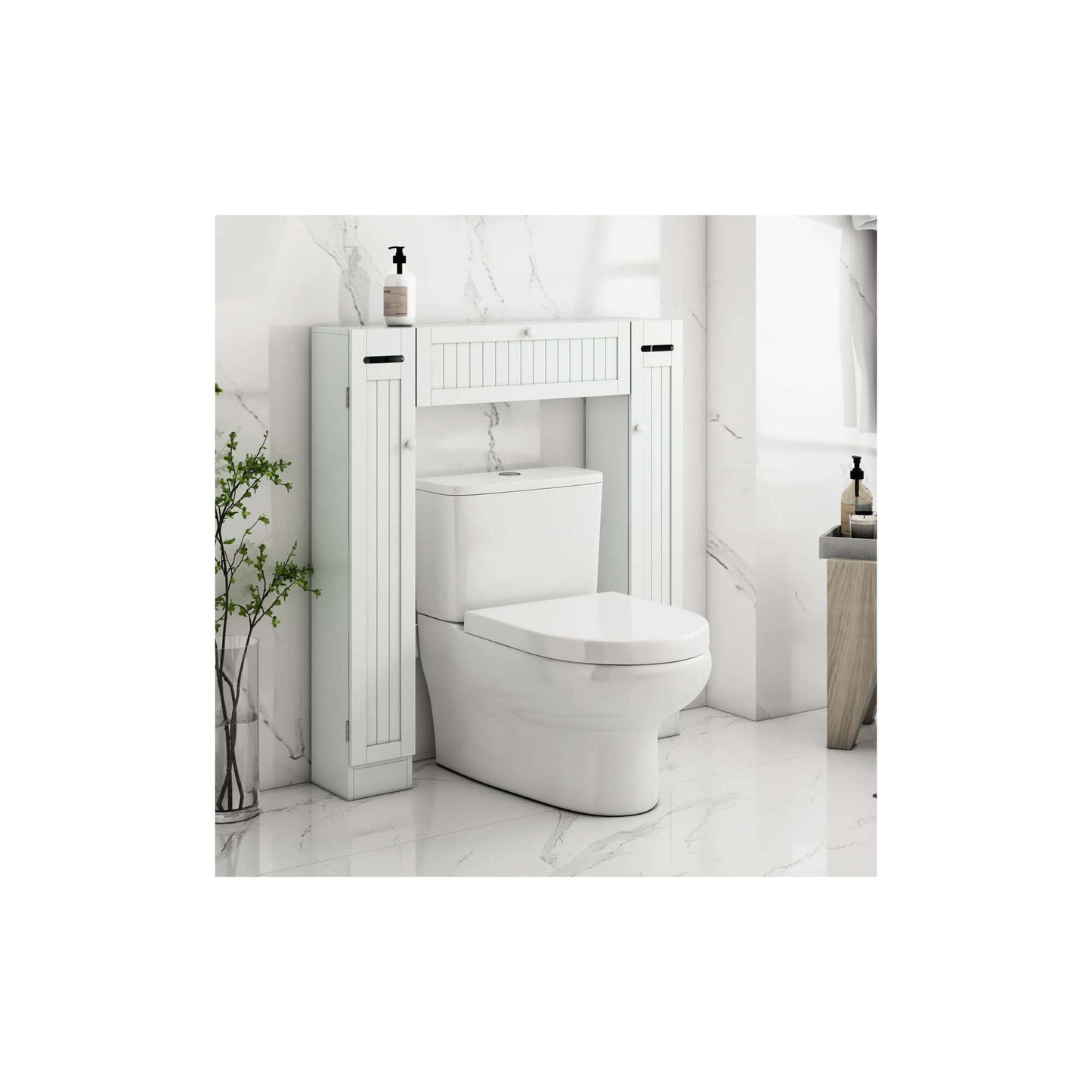 Over-The-Toilet Storage Cabinet with 2 Side Doors; Freestanding Toilet Cabinet Organizer with Adjustable Shelves & Paper Holder; Bathroom Space Saver with Pull-Down Door; Toilet Rack; White