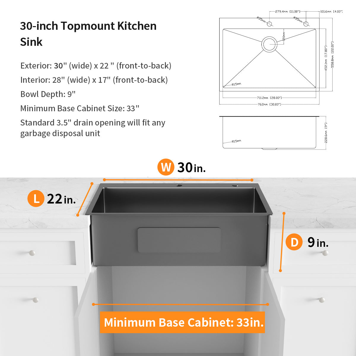 Aqucubic Gunmetal Black CUPC Handmade 304 Stainless Steel Topmount Kitchen Sink with Accessories and faucet