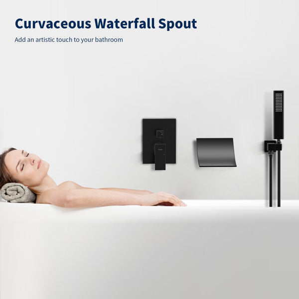 Male NPT Waterfall Shower head with Handheld, Matte Black Bathtub Shower Faucet with High Flow Wall Mount Tub Faucet, Single Handle Bathroom Tub Mixer Tap Hand Shower System with Curved Spout Commerci