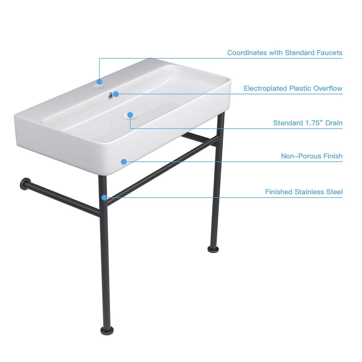 24\\\" Rectangular Bathroom Console Sink with Overflow,Wall Mounted Ceramic Console Sink White Basin with Steel Legs