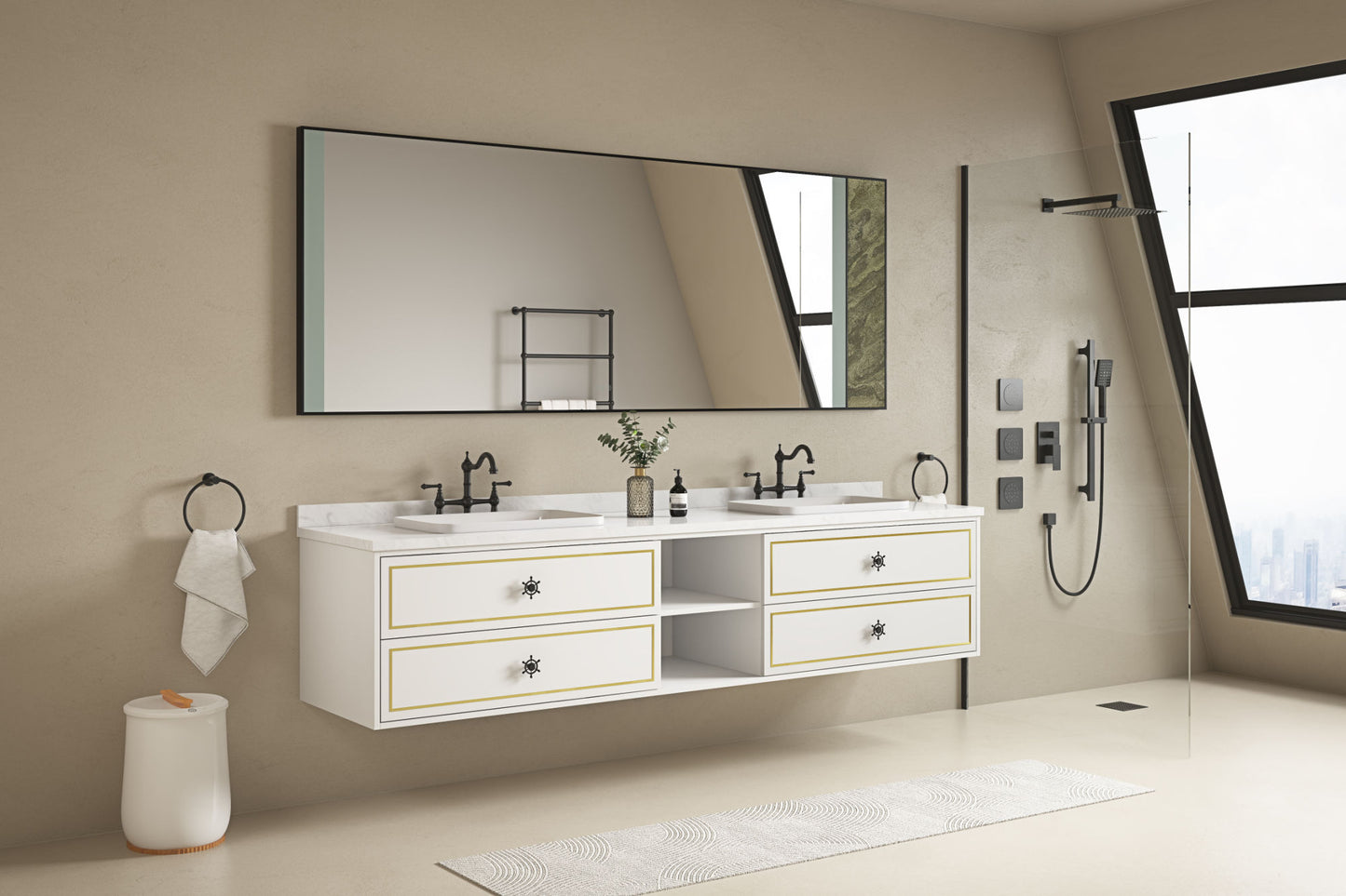 96*23*21inWall Hung Doulble Sink Bath Vanity Cabinet Only in Bathroom Vanities without Tops