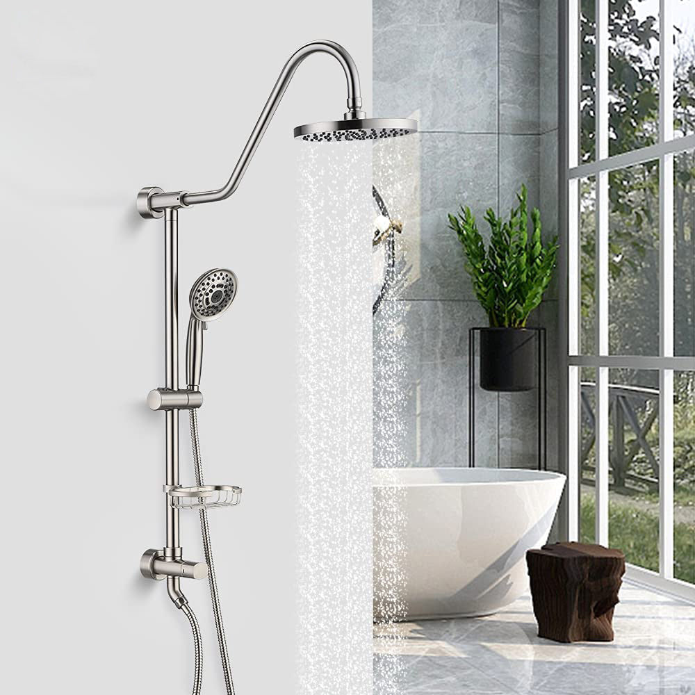 8 inch Wall Mount Dual Shower Heads with Soap Dish in Brushed Nickel, 5-Function Hand Shower
